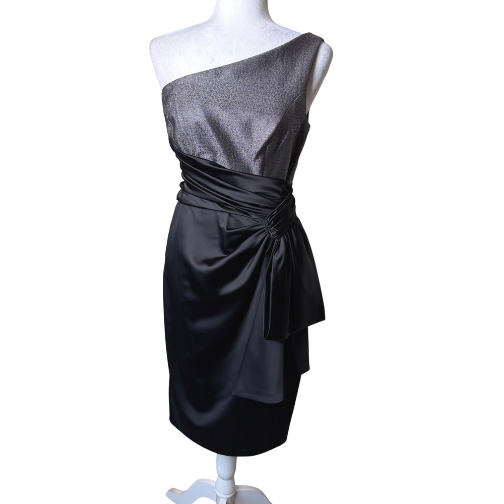 Maggy London One Shoulder Sheath Dress Sz: 8 Black Silver Metallic Cocktail Bow